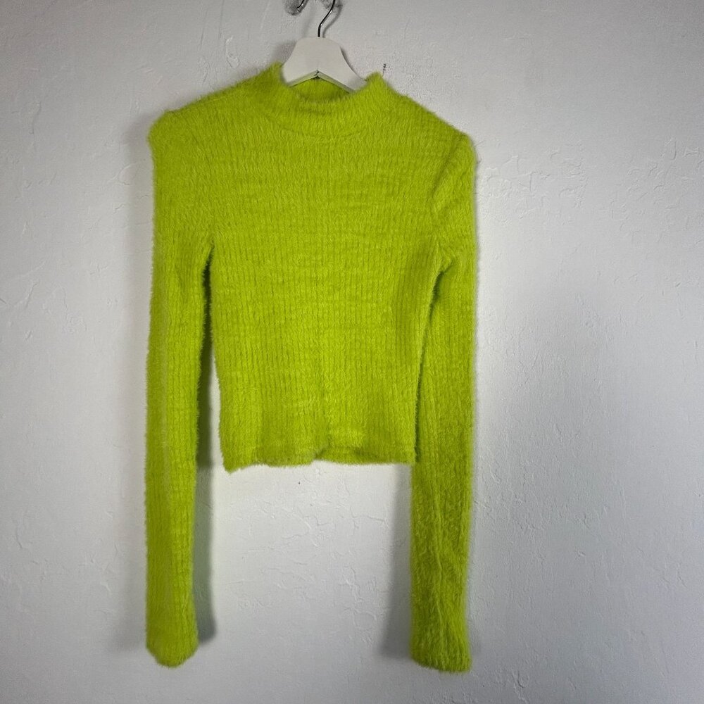 Anthropologie Womens Lime Green Fuzzy Knit Cropped Sweater XS Mock Neck New